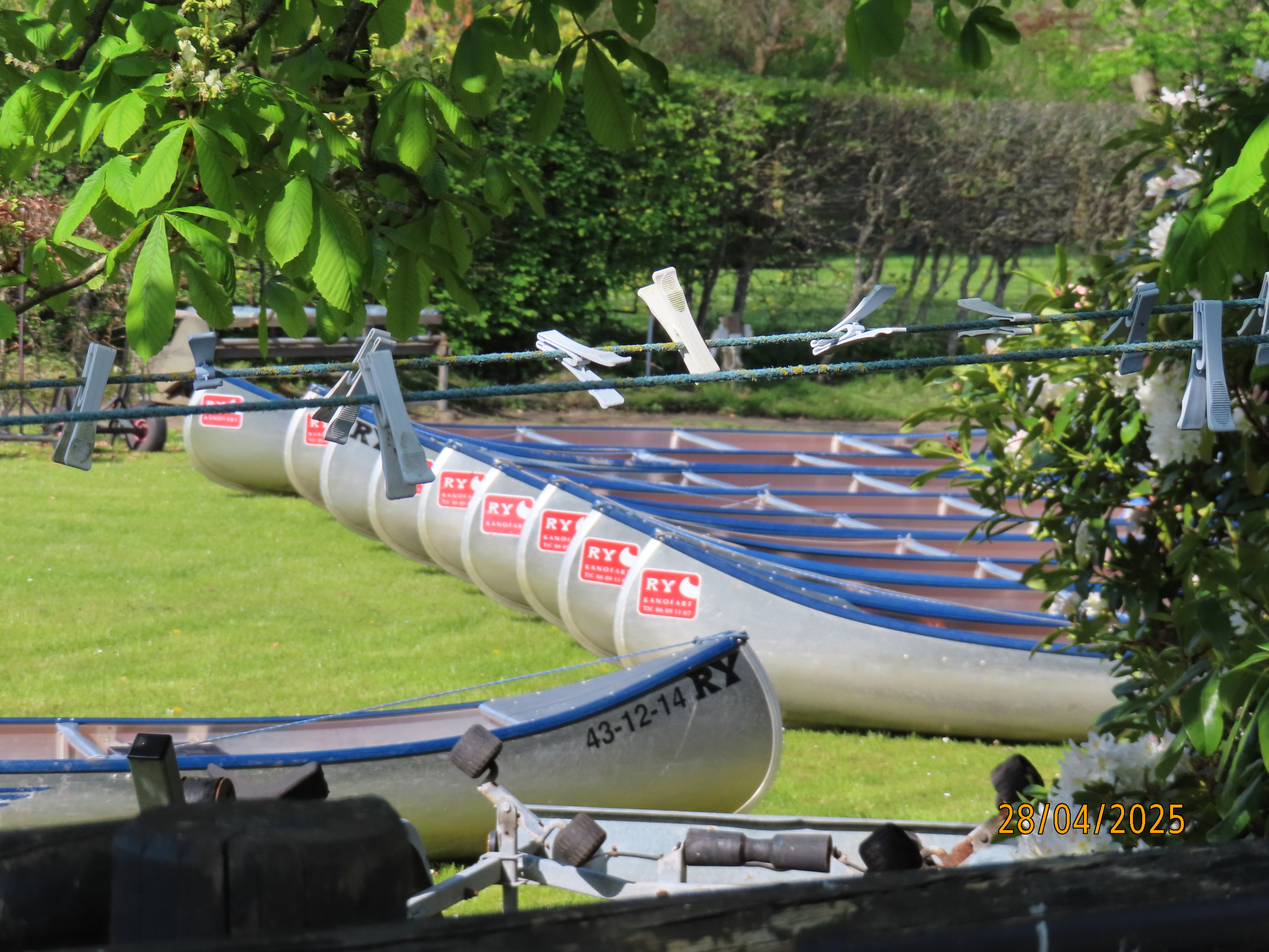Kanoer på land, i række.